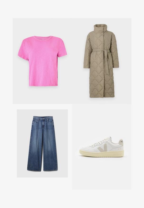 Hosszú taupe színű steppelt kabát magas gallérral és azonos anyagból készült övvel, amely a deréknál van megkötve, hullámmintás varrással az egész felületen.; Csíkos kötött pulóver szürke és bézs színekkel, magas gallérral, széles mandzsettás ujjal és laza, rövidített fazonnal.; Rövid ujjú, kerek nyakú póló élénk rózsaszínben. Puha, textúrált anyagból készült, laza szabású és enyhén mélázott megjelenéssel.; Széles lábú kék farmernadrág elhalványodott felülettel, gombos és cipzáras záródással, öt zsebbel és övhurkokkal.; Fehér bőr sneaker bézs velúr részletekkel, perforált orr résszel, lapos fűzőkkel és textúrált krémszínű talppal. Finom márkajelzés található a sarkán.