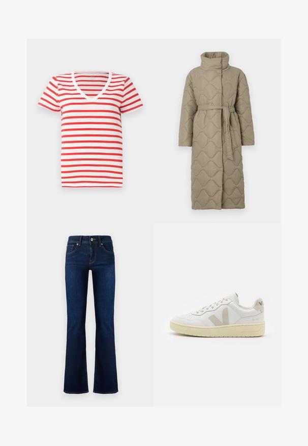 Lang taupe quiltet frakk med høy krage og belte i matchende stoff knyttet rundt livet, med bølgemønster-innsying gjennom hele frakken.; Stripet strikkegenser som har grå og beige farger, høy hals, brede mansjetter og en avslappet passform med kort design.; Rød og hvit stripete V-hals t-skjorte laget av myk bomull, med korte ermer og avslappet passform. Enkelt design med jevne striper.; Mørkeblå denim flared jeans med middels høyde på livet, frontlommer og kontraststing. Har metallknappelukking og beltehemper.; Hvite lær sneakers med beige semsket detaljer, perforert tåboks, flate lisser og en teksturert kremfarget såle. Har subtil branding på hælen.