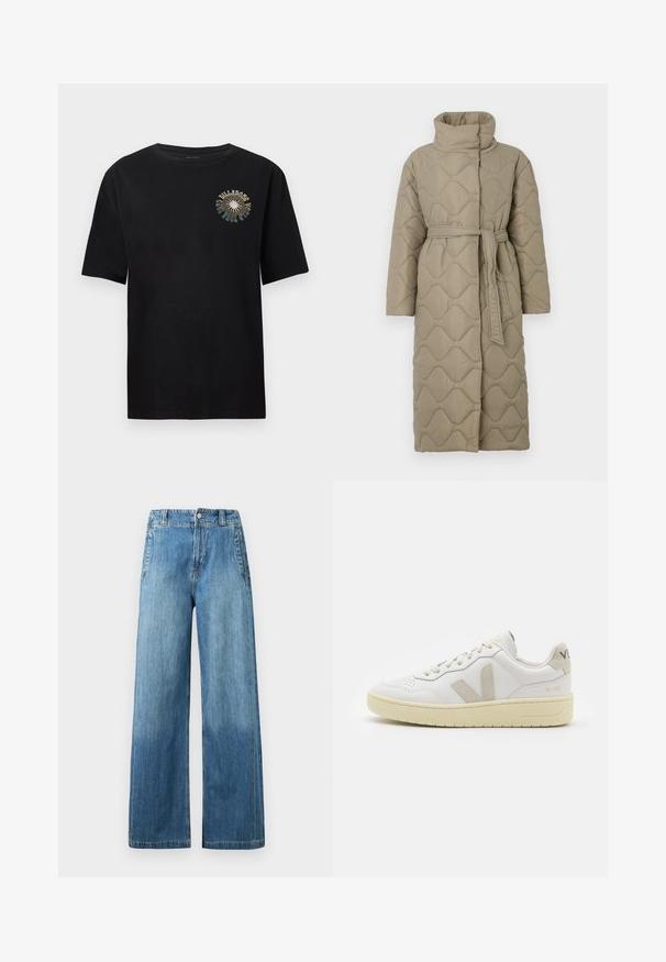 Ilgas taupe spalvos siuvinėtas paltas su aukštu apykakle ir derančiu audinio diržu, suvytu juosmenyje, su banguotu raštu siuvinėjimu visame paviršiuje.; Dryžuotas mezginys su pilkos ir smėlio spalvomis, aukštu kaklu, plačiomis rankovėmis su atvartais ir laisvu siluetu, trumpesnio ilgio.; Juodas trumpomis rankovėmis T-shirt, pagamintas iš švelnios medvilnės. Pristatomas spalvingas grafikos atspaudas ant krūtinės su „BULLDOGS“ tekstu. Klasikinis apvalus kaklas.; Šviesiai mėlynos džinsinės plačios kojos kelnės su aukštu liemeniu, turinčios dvi priekinės kišenes, diržo kilpos ir subtilų nusidėvėjimo efektą.; Balti odiniai sportbačiai su kreminiais zomšos akcentais, perforuota pirštų dalimi, plokščiomis raišteliais ir struktūruota kreminėmis padomis. Ant kulno yra subtilus ženklinimas.