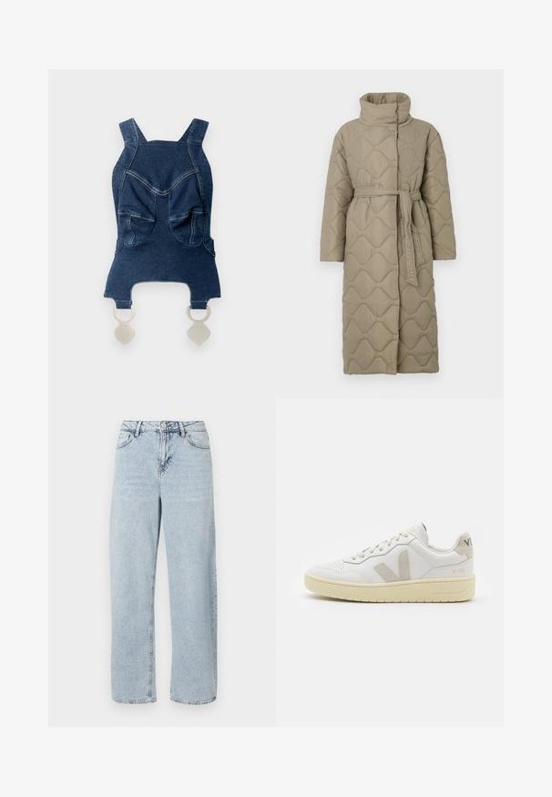 Dugi taupe kaput s kvadrama s visokim ovratnikom i remenom od istog materijala zavezanim u struku, s valovitim uzorkom šivanja kroz cijelu površinu.; Prugasti pleteni džemper u sivoj i bež boji, s visokim ovratnikom, širokim rukavima s manžetama i opuštenim krojem koji je skraćen.; Denim bluza s širokim naramenicama, dva prednja džepa, zakrivljen dekolte i srebrni elementi za zatvaranje na dnu.; Svijetloplave traperice visokog struka ravnog kroja s prednjim dugmetom, patentnim zatvaračem i dizajnom s pet džepova na bijeloj pozadini.; Bijele kožne tenisice s bež nubuk naglascima, perforiranim prednjim dijelom, ravnim čipkama i teksturiranom kremastom potplatom. Sadrži suptilni brend na pete.