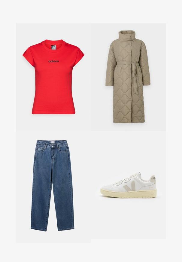 Ilgas taupe spalvos siuvinėtas paltas su aukštu apykakle ir derančiu audinio diržu, suvytu juosmenyje, su banguotu raštu siuvinėjimu visame paviršiuje.; Dryžuotas mezginys su pilkos ir smėlio spalvomis, aukštu kaklu, plačiomis rankovėmis su atvartais ir laisvu siluetu, trumpesnio ilgio.; Raudona prigludusi medvilninė marškinėliai su trumpomis suvyniotas rankovėmis ir juodu "adidas" logotipu ant krūtinės. Glotni tekstūra ir apvalus iškirpimas.; Klasikiniai mėlynos džinsinio audinio džinsai su tiesiomis kojomis, penkiomis kišenėmis ir mygtukų uždarymu. Pasižymi vidutiniu skalbimu ir tvirtu audiniu.; Balti odiniai sportbačiai su kreminiais zomšos akcentais, perforuota pirštų dalimi, plokščiomis raišteliais ir struktūruota kreminėmis padomis. Ant kulno yra subtilus ženklinimas.