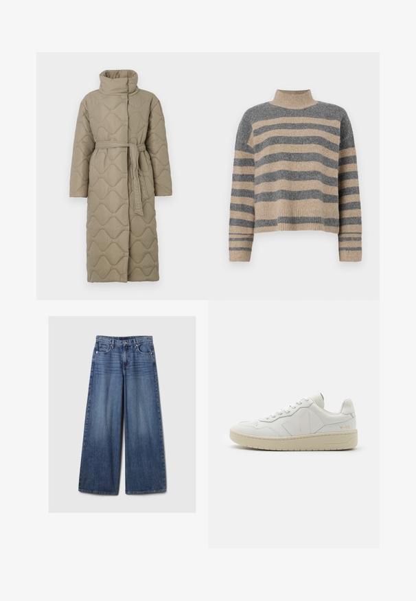 Dlhý taupe prešívaný kabát s vysokým golierom a opaskom z rovnakého materiálu viazaným v páse, so štepovaním vlnkového vzoru po celej ploche.; Prúžkovaný pletený sveter s šedými a béžovými farbami, vysokým golierom, širokými manžetami a voľným strihom s krátkym dizajnom.; Džíny s širokými nohavicami v modrej farbe s vyblednutým povrchom, s gombíkom a zipsom, piatimi vreckami a pútkami na opasok.; Biele kožené tenisky s perforovanou špičkou, kontrastnou béžovou gumovou podrážkou a logovými akcentmi na boku a päte. Minimalistický dizajn.