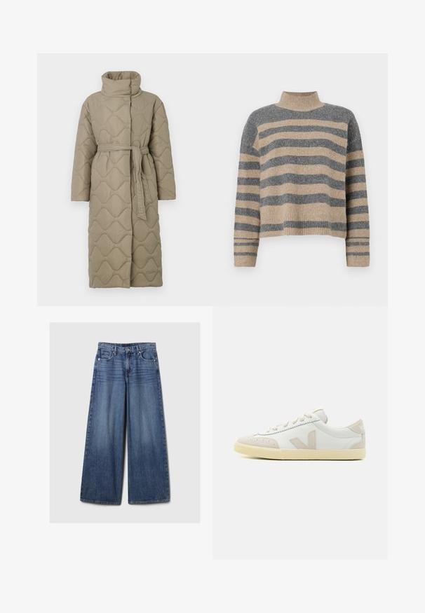 Long taupe quilted coat with high collar and matching fabric belt tied at the waist, featuring wave-pattern stitching throughout.; Striped knit sweater featuring gray and beige colors, high neck, wide cuffed sleeves, and a relaxed fit with a cropped design.; Wide-leg blue denim jeans with a faded finish, featuring a button and zipper closure, five pockets, and belt loops.; White leather sneaker with beige suede accents, round toe, flat laces, textured rubber sole, and signature "V" logo on the side.