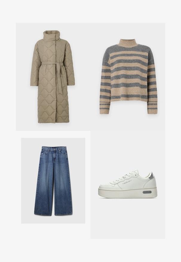 Dugi taupe kaput s kvadrama s visokim ovratnikom i remenom od istog materijala zavezanim u struku, s valovitim uzorkom šivanja kroz cijelu površinu.; Prugasti pleteni džemper u sivoj i bež boji, s visokim ovratnikom, širokim rukavima s manžetama i opuštenim krojem koji je skraćen.; Široke plave traperice s izblijedjelim finišom, s kopčanjem na gumb i patentni zatvarač, pet džepova i petljama za remen.; Bijele kožne tenisice s teksturiranom potplatom, sa srebrnim metalnim nastavkom na peti i "REPLAY" oznakom sa strane. Minimalistički dizajn.