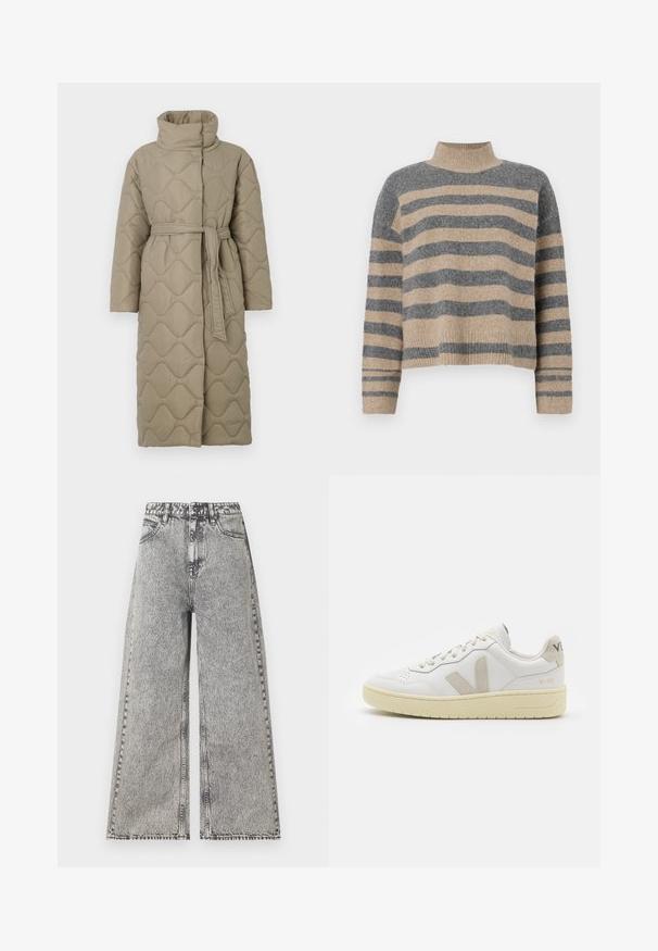 Garšs pelēkbrūns quiltēts mētelis ar augstu apkakli un atbilstošu auduma jostu, kas sasieta ap vidukli, ar viļņu raksta šuvēm visā virsmā.; Raitaināta džemperis ar pelēkajām un bežām krāsām, augstu apkakli, platām aprocēm un brīvu piegriezumu ar īsu dizainu.; Platas kājas džinsi izbalējušā melnā džinsā, ar augstu jostasvietu, klasisku piecu kabatu dizainu un redzamām šuvēm.; Baltas ādas sporta apavu pāris ar bēšiem zamša akcentiem, caurumiņu purngalā, plakanu šņorēšanu un teksturētu krēmkrāsas zoli. Iezīmējas ar diskrētu zīmolu uz papēža.