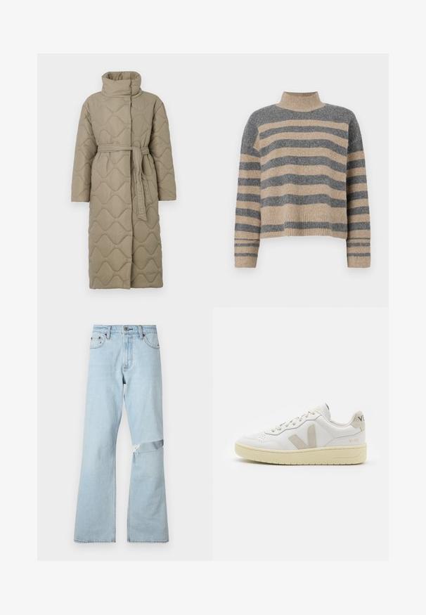 Lang taupe quiltet frakk med høy krage og belte i matchende stoff knyttet rundt livet, med bølgemønster-innsying gjennom hele frakken.; Stripet strikkegenser som har grå og beige farger, høy hals, brede mansjetter og en avslappet passform med kort design.; Lys blå denimjeans med en utvidet design, som har en slitt lapp på kneet og standard frontlommer.; Hvite lær sneakers med beige semsket detaljer, perforert tåboks, flate lisser og en teksturert kremfarget såle. Har subtil branding på hælen.