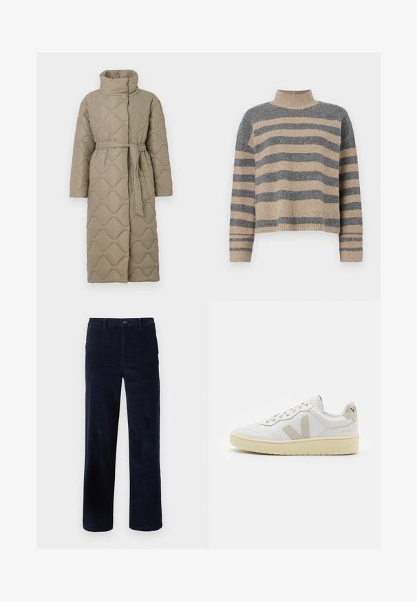 Dugi taupe kaput s kvadrama s visokim ovratnikom i remenom od istog materijala zavezanim u struku, s valovitim uzorkom šivanja kroz cijelu površinu.; Prugasti pleteni džemper u sivoj i bež boji, s visokim ovratnikom, širokim rukavima s manžetama i opuštenim krojem koji je skraćen.; Morske hlače od kordura s ravnim nogavicama, s gumbom za zatvaranje i teksturiranim materijalom. Nema vidljivih uzoraka ili detalja.; Bijele kožne tenisice s bež nubuk naglascima, perforiranim prednjim dijelom, ravnim čipkama i teksturiranom kremastom potplatom. Sadrži suptilni brend na pete.