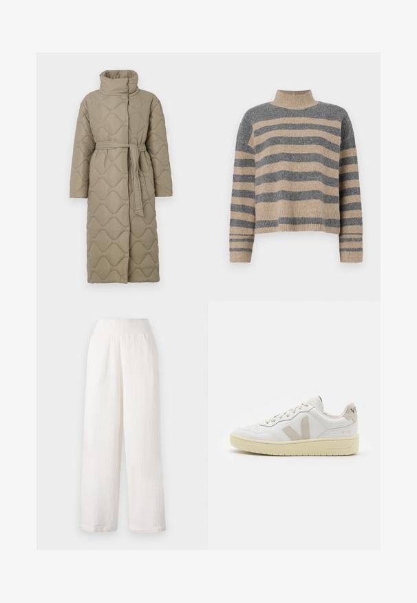 Manteau lung de culoare taupe, matlasat, cu guler înalt și curea din același material legată în talie, având o broderie în formă de valuri pe întreaga suprafață.; Pulover tricotat cu dungi, în culori gri și bej, guler înalt, mâneci late cu manșete și o croială lejeră cu un design scurt.; Pantaloni albi cu picioare largi dintr-un material texturat, creponat. Au o talie elastică și buzunare laterale pentru confort.; Pantofii sport din piele albă cu accente din suede bej, cutie pentru degete perforată, șireturi plate și o talpă texturată de crem. Prezintă branding subtil pe călcâi.