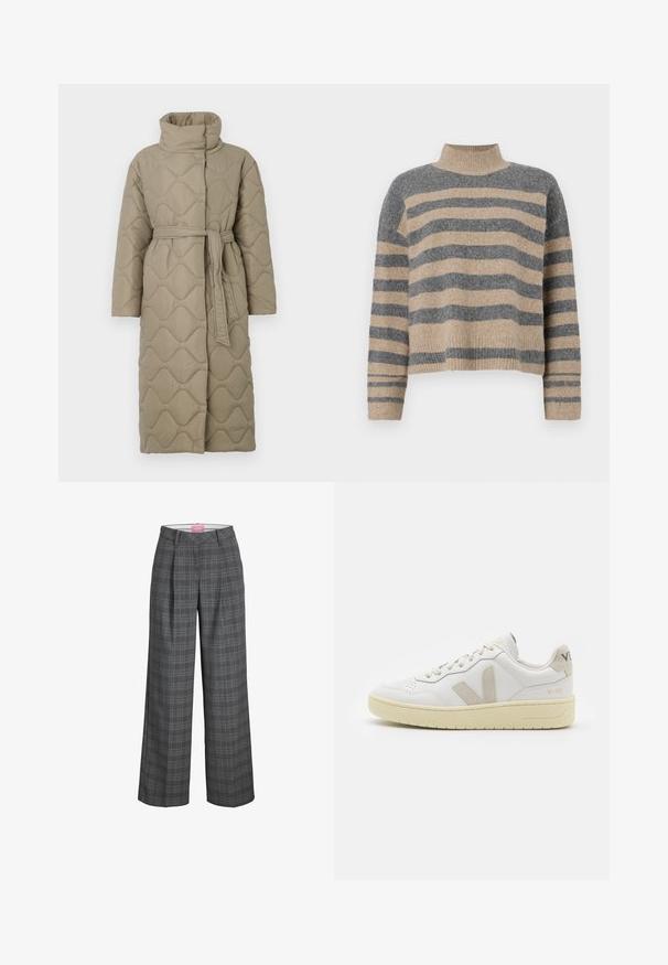 Lange taupe gekwiltde jas met hoge kraag en bijpassende stoffen riem die om de taille is geknoopt, met golfpatroon stiksel over het geheel.; Gestreepte gebreide trui met grijze en beige kleuren, hoge hals, brede mouwen met manchetten en een relaxte pasvorm met een cropped ontwerp.; Grijze geruite wijde broek met een hoge tailleband, voorzien van voorplooien en een zachte textuur. Etiket zichtbaar aan de binnenkant van de tailleband.; Witte leren sneaker met beige suède accenten, geperforeerde neus, platte veters en een gestructureerde crèmekleurige zool. Heeft subtiele branding op de hak.