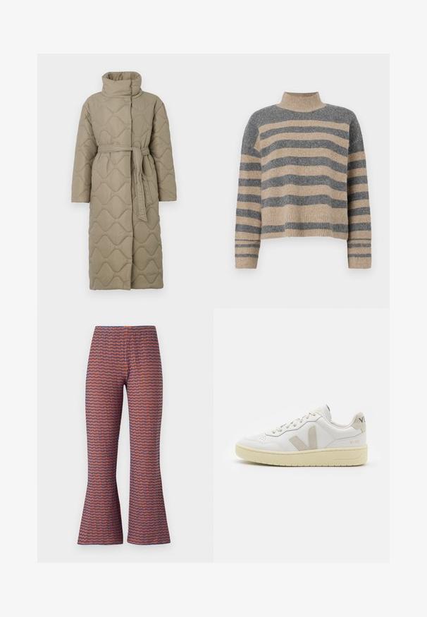 Garšs pelēkbrūns quiltēts mētelis ar augstu apkakli un atbilstošu auduma jostu, kas sasieta ap vidukli, ar viļņu raksta šuvēm visā virsmā.; Raitaināta džemperis ar pelēkajām un bežām krāsām, augstu apkakli, platām aprocēm un brīvu piegriezumu ar īsu dizainu.; Rakstainas izfliektas bikses ar viļņu dizainu oranžā un zilā krāsā, izgatavotas no teksturēta auduma, ar elastīgu jostasvietu komfortam.; Baltas ādas sporta apavu pāris ar bēšiem zamša akcentiem, caurumiņu purngalā, plakanu šņorēšanu un teksturētu krēmkrāsas zoli. Iezīmējas ar diskrētu zīmolu uz papēža.