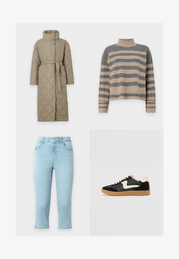 Dlouhý taupe prošívaný kabát s vysokým límcem a opaskem ze stejného materiálu svázaným v pase, se vzorem vlnkového šití po celém povrchu.; Pruhovaný pletený svetr v šedých a béžových barvách, s vysokým krkem, širokými rukávy s manžetami a uvolněným střihem s kráceným designem.; Světle modré džíny z denimu s vysokým pasem, zkrácenou délkou, pěti kapsami a prošitím podél švů a lemu.; Černé semišové a kožené tenisky s krémovým postranním swooshem a světlým krémovým podpatkem. Mají béžové tkaničky a podešev z gumové pryže.