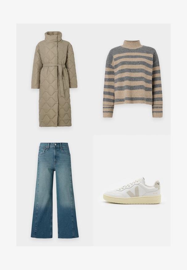 Casaco longo em taupe, acolchoado, com gola alta e cinto de tecido a condizer atado à cintura, apresentando um acolchoado em padrão de ondas por toda a parte.; Sweater de malha às riscas com cores cinza e bege, gola alta, mangas largas com punhos e um corte solto com design cropped.; Calças de ganga de perna larga em um azul médio, apresentando um efeito de degradação do mais escuro para o mais claro. Feitas de ganga com um design tradicional de cinco bolsos.; Sapatilha de couro branca com detalhes em camurça bege, biqueira perfurada, atacadores planos e sola texturizada creme. Apresenta uma marcação subtil no calcanhar.