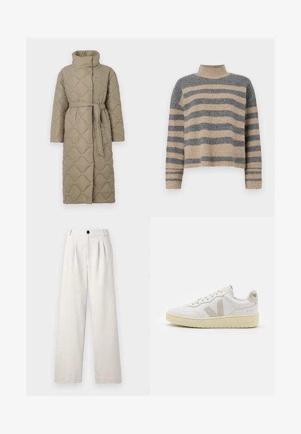 Pikk taupe värvi tikitud mantel kõrge kraega ja sobiva materjalist vööga, mis on seotud vöökohal, ning kogu ulatuses on lainelise mustriga tikand.; Triibuline kudumipusa, millel on hallid ja beezid toonid, kõrge kaelus, laiad mansetid ja vabalt langev lõige koos lühendatud disainiga.; Bežid laiad püksid, mis on valmistatud siledast kangast, esiplekkide, ühe nööbi sulgemise ja praktiliste küljetaskutega.; Valge nahast tenniseking, millel on beežist siidist aktsent ja aukudega varvas, lame paelad ja tekstureeritud koorevärvi tallad. Omab nüansirikast brändimist kannal.