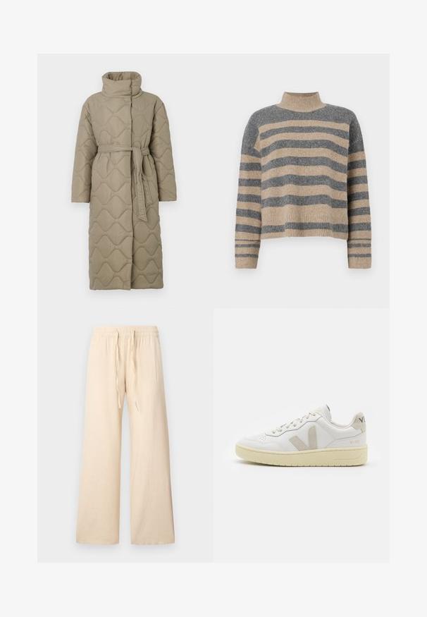 Ilgas taupe spalvos siuvinėtas paltas su aukštu apykakle ir derančiu audinio diržu, suvytu juosmenyje, su banguotu raštu siuvinėjimu visame paviršiuje.; Dryžuotas mezginys su pilkos ir smėlio spalvomis, aukštu kaklu, plačiomis rankovėmis su atvartais ir laisvu siluetu, trumpesnio ilgio.; Šviesiai rudos plačios kelnės iš minkštos medžiagos, su elastine juosmens dalimi su raišteliu, be matomų raštų ar akcentų.; Balti odiniai sportbačiai su kreminiais zomšos akcentais, perforuota pirštų dalimi, plokščiomis raišteliais ir struktūruota kreminėmis padomis. Ant kulno yra subtilus ženklinimas.