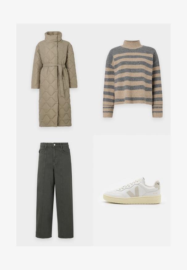 Hosszú taupe színű steppelt kabát magas gallérral és azonos anyagból készült övvel, amely a deréknál van megkötve, hullámmintás varrással az egész felületen.; Csíkos kötött pulóver szürke és bézs színekkel, magas gallérral, széles mandzsettás ujjal és laza, rövidített fazonnal.; Sötét szürke, magas derekú, széles szárú nadrág elöl gombos és cipzáros zárással, elülső zsebekkel, övbujtással és látható függőleges varrási részletekkel.; Fehér bőr sneaker bézs velúr részletekkel, perforált orr résszel, lapos fűzőkkel és textúrált krémszínű talppal. Finom márkajelzés található a sarkán.