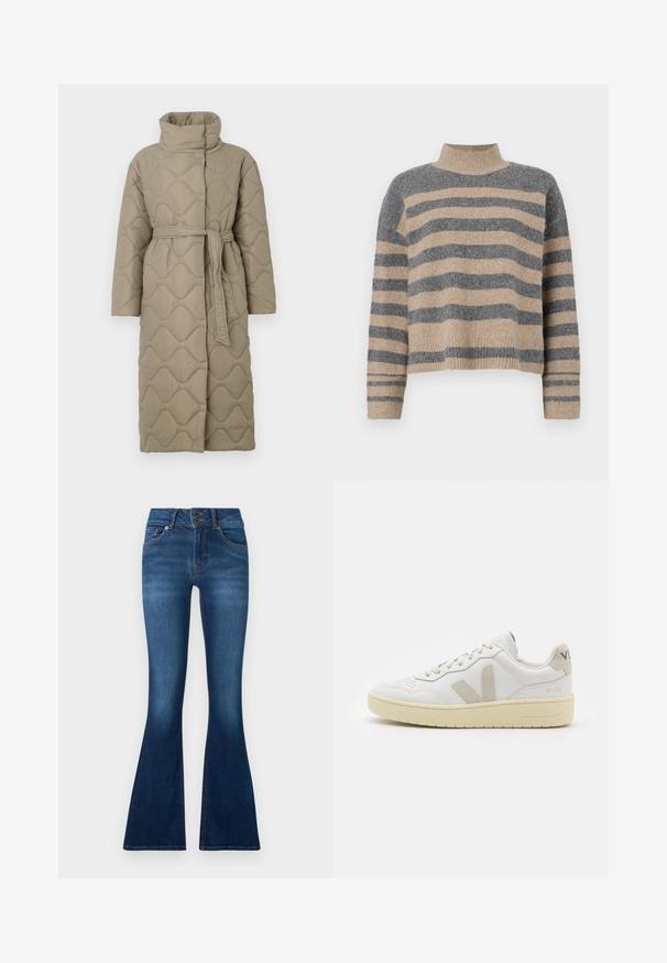 Dolga taupe puhovka s visokim ovratnikom in pasom iz iste tkanine, zavezanim na pasu, ki vsebuje šivane vzorce valov v celotni dolžini.; Prajčast pulover z šivi v sivi in bež barvi, visokim ovratnikom, širokimi manšetami in sproščenim krojem s skrajšano zasnovo.; Flared kavbojke iz temno modrega denima. Imajo dvonamensko zapiranje, pet žepov in detajle bledenja na nogah. Standardna oblika pasu.; Bela usnjena tenisača z bež semiš poudarki, perforiranim prednjim delom, ravnimi vezalkami in strukturiranim kremnim podplatom. Ima diskretno blagovno znamko na peti.