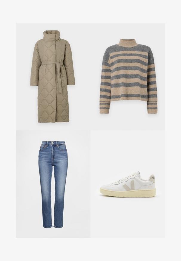 Ilgas taupe spalvos siuvinėtas paltas su aukštu apykakle ir derančiu audinio diržu, suvytu juosmenyje, su banguotu raštu siuvinėjimu visame paviršiuje.; Dryžuotas mezginys su pilkos ir smėlio spalvomis, aukštu kaklu, plačiomis rankovėmis su atvartais ir laisvu siluetu, trumpesnio ilgio.; Mėlynos, aukšto liemens džinsai iš džinso audinio, su klasikinio penkių kišenių dizainu, subtiliu šviesėjimu ir tiesaus kirpimo kojomis.; Balti odiniai sportbačiai su kreminiais zomšos akcentais, perforuota pirštų dalimi, plokščiomis raišteliais ir struktūruota kreminėmis padomis. Ant kulno yra subtilus ženklinimas.