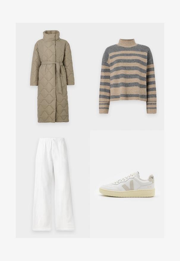 Dlhý taupe prešívaný kabát s vysokým golierom a opaskom z rovnakého materiálu viazaným v páse, so štepovaním vlnkového vzoru po celej ploche.; Prúžkovaný pletený sveter s šedými a béžovými farbami, vysokým golierom, širokými manžetami a voľným strihom s krátkym dizajnom.; Biele ľanové nohavice s širokými nohavicami, elastickým pásom a šnúrkou na stiahnutie, so bočnými švami a hladkou textúrou. Bez vreciek.; Biele kožené tenisky s béžovými semišovými akcentmi, perforovanou špičkou, plochými šnúrkami a textúrovanou krémovou podrážkou. Obsahujú jemné označenie na päte.