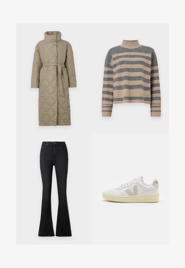 Hosszú taupe színű steppelt kabát magas gallérral és azonos anyagból készült övvel, amely a deréknál van megkötve, hullámmintás varrással az egész felületen.; Csíkos kötött pulóver szürke és bézs színekkel, magas gallérral, széles mandzsettás ujjal és laza, rövidített fazonnal.; Fekete, trapéz fazonú farmernadrág, magas derékkal, elülső zsebekkel és klasszikus, öt zsebes kialakítással, fémből készült gombokkal.; Fehér bőr sneaker bézs velúr részletekkel, perforált orr résszel, lapos fűzőkkel és textúrált krémszínű talppal. Finom márkajelzés található a sarkán.