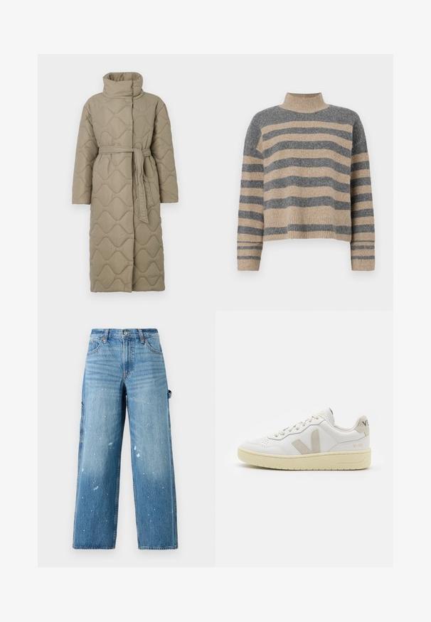 Dugi taupe kaput s kvadrama s visokim ovratnikom i remenom od istog materijala zavezanim u struku, s valovitim uzorkom šivanja kroz cijelu površinu.; Prugasti pleteni džemper u sivoj i bež boji, s visokim ovratnikom, širokim rukavima s manžetama i opuštenim krojem koji je skraćen.; Svijetloplave traper cargo traperice sa širokim nogavicama, izblijedjelim dijelovima i detaljima prskanja boje. Imaju bočne džepove i dugme za zatvaranje.; Bijele kožne tenisice s bež nubuk naglascima, perforiranim prednjim dijelom, ravnim čipkama i teksturiranom kremastom potplatom. Sadrži suptilni brend na pete.