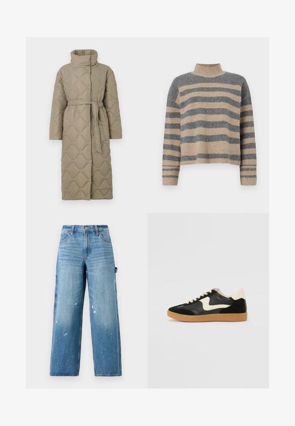 Long taupe quilted coat with high collar and matching fabric belt tied at the waist, featuring wave-pattern stitching throughout.; Striped knit sweater featuring gray and beige colors, high neck, wide cuffed sleeves, and a relaxed fit with a cropped design.; Light blue denim cargo jeans with wide legs, faded sections, and paint splatter detail. Features side pockets and a button fly.; Black suede and leather sneaker with a cream side swoosh and light cream heel. Features beige laces and a gum rubber outsole.