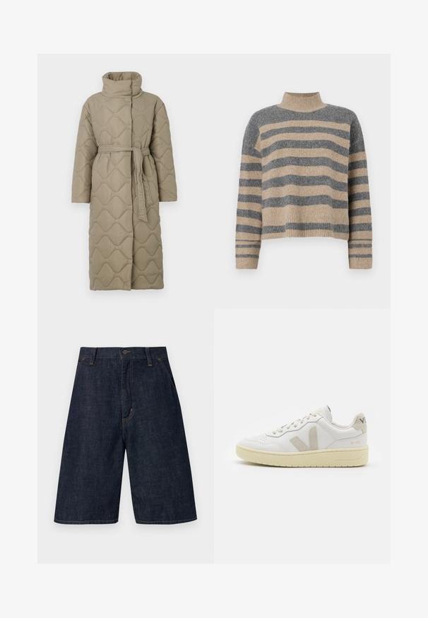 Lange taupe gekwiltde jas met hoge kraag en bijpassende stoffen riem die om de taille is geknoopt, met golfpatroon stiksel over het geheel.; Gestreepte gebreide trui met grijze en beige kleuren, hoge hals, brede mouwen met manchetten en een relaxte pasvorm met een cropped ontwerp.; Donkerblauwe denim shorts met een rechte snit, met een knoopsluiting, vijf zakken en zichtbare gele stitching langs de naden.; Witte leren sneaker met beige suède accenten, geperforeerde neus, platte veters en een gestructureerde crèmekleurige zool. Heeft subtiele branding op de hak.