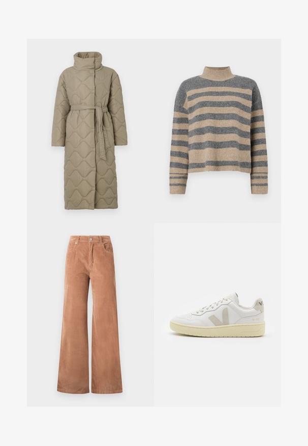 Lange taupe gekwiltde jas met hoge kraag en bijpassende stoffen riem die om de taille is geknoopt, met golfpatroon stiksel over het geheel.; Gestreepte gebreide trui met grijze en beige kleuren, hoge hals, brede mouwen met manchetten en een relaxte pasvorm met een cropped ontwerp.; Lichtbruine wijde corduroy broek met een sluiting met knoop en rits aan de voorkant, lopers voor een riem, en voorkruiszakken op een witte achtergrond.; Witte leren sneaker met beige suède accenten, geperforeerde neus, platte veters en een gestructureerde crèmekleurige zool. Heeft subtiele branding op de hak.