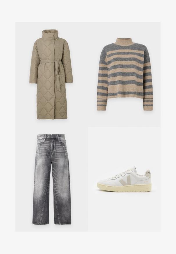 Pikk taupe värvi tikitud mantel kõrge kraega ja sobiva materjalist vööga, mis on seotud vöökohal, ning kogu ulatuses on lainelise mustriga tikand.; Triibuline kudumipusa, millel on hallid ja beezid toonid, kõrge kaelus, laiad mansetid ja vabalt langev lõige koos lühendatud disainiga.; Laiad teksad pleekinud hallist denimist. Omab klassikalist nupu ja tõmbluku sulgemist, viit taskut ja peeneid hõõrdumisefekte.; Valge nahast tenniseking, millel on beežist siidist aktsent ja aukudega varvas, lame paelad ja tekstureeritud koorevärvi tallad. Omab nüansirikast brändimist kannal.