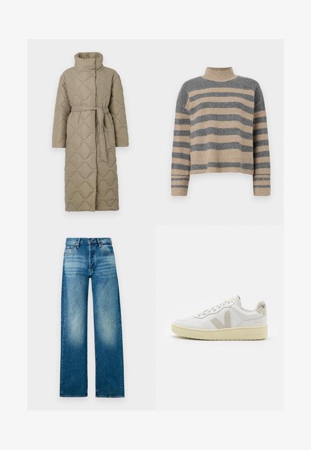 Casaco longo em taupe, acolchoado, com gola alta e cinto de tecido a condizer atado à cintura, apresentando um acolchoado em padrão de ondas por toda a parte.; Sweater de malha às riscas com cores cinza e bege, gola alta, mangas largas com punhos e um corte solto com design cropped.; Jeans de denim azul claro com cintura alta, corte largo e acabamento desbotado. Apresenta o clássico design de cinco bolsos e fecho de botão de metal.; Sapatilha de couro branca com detalhes em camurça bege, biqueira perfurada, atacadores planos e sola texturizada creme. Apresenta uma marcação subtil no calcanhar.