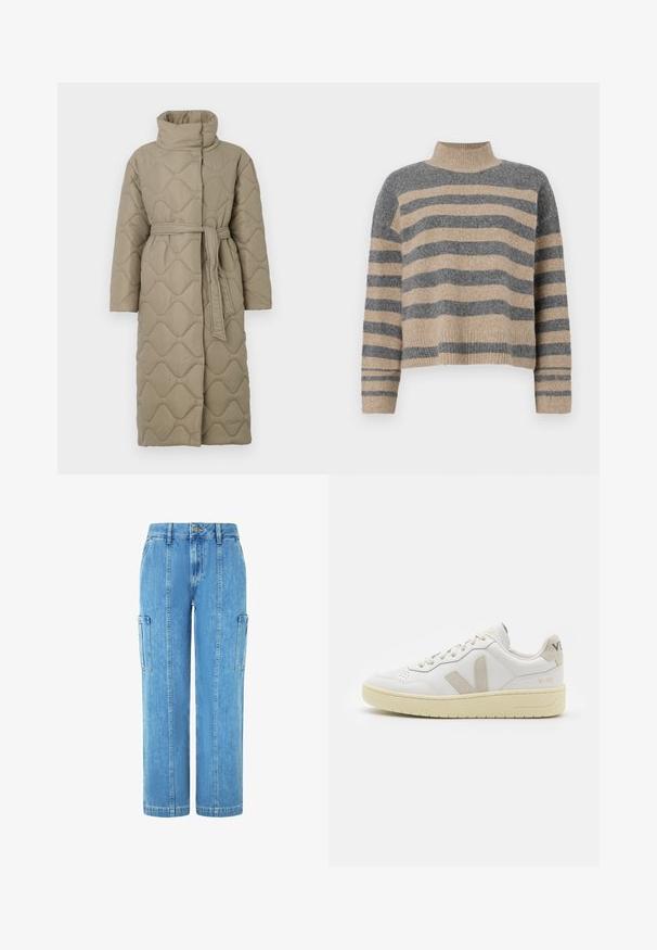 Garšs pelēkbrūns quiltēts mētelis ar augstu apkakli un atbilstošu auduma jostu, kas sasieta ap vidukli, ar viļņu raksta šuvēm visā virsmā.; Raitaināta džemperis ar pelēkajām un bežām krāsām, augstu apkakli, platām aprocēm un brīvu piegriezumu ar īsu dizainu.; Gaiši zili džinsu taktiskie bikses ar brīvu piegriezumu, kas aprīkotas ar divām sānu kabatām un vertikālām šuvju detaļām priekšpusē.; Baltas ādas sporta apavu pāris ar bēšiem zamša akcentiem, caurumiņu purngalā, plakanu šņorēšanu un teksturētu krēmkrāsas zoli. Iezīmējas ar diskrētu zīmolu uz papēža.