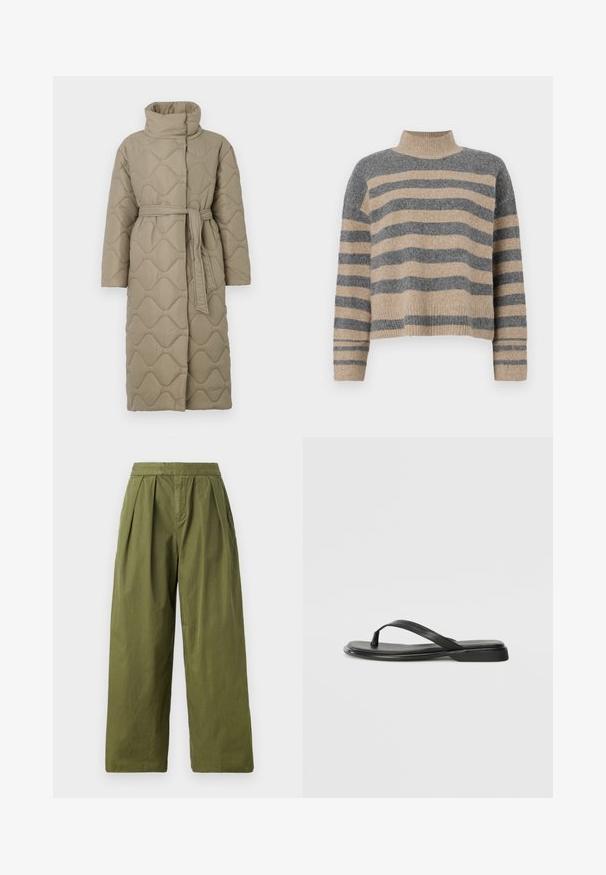 Manteau long en taupe matelassé avec col haut et ceinture en tissu assorti nouée à la taille, présentant des coutures en motif de vagues sur l'ensemble.; Pull en maille rayé aux couleurs grises et beiges, col haut, manches large à poignet, coupe décontractée avec un design court.; Pantalons larges en vert olive en tissu léger, avec des plis à la taille et une texture uniforme sans poches.; Tongs noires en cuir lisse, avec un design de sangle fine et une semelle plate à profil minimal. Aucun motif ou accent notables.