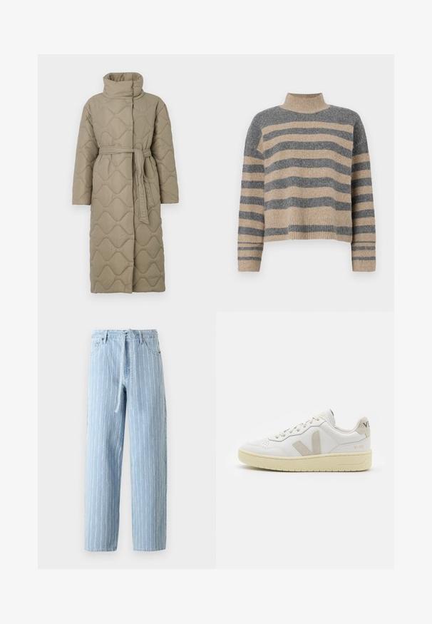 Lang taupe quiltet frakk med høy krage og belte i matchende stoff knyttet rundt livet, med bølgemønster-innsying gjennom hele frakken.; Stripet strikkegenser som har grå og beige farger, høy hals, brede mansjetter og en avslappet passform med kort design.; Lyseblå denimjeans med vertikale hvite striper, høy midje, løs passform, beltehemper og slitt nederkant. To forlommer og glidelås.; Hvite lær sneakers med beige semsket detaljer, perforert tåboks, flate lisser og en teksturert kremfarget såle. Har subtil branding på hælen.