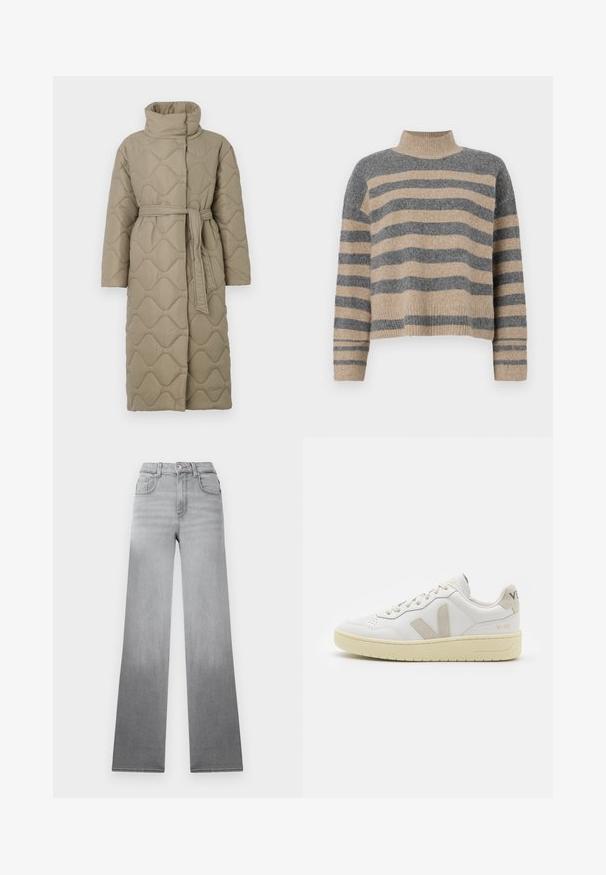Lång taupe-färgad vadderad kappa med hög krage och matchande tygskärp knutet i midjan, med en vågmönstrad sömnad genom hela plagget.; Randig stickad tröja i grå och beige färger, hög krage, vida manschetter och avslappnad passform med en cropped design.; Grå jeans med en blekt ombré-effekt, hög midja, klassisk femfickdesign och raka, vida ben i denimtyg.; Vita lädersneakers med beige mockadetaljer, perforerad tåbox, platta snören och en texturerad krämfärgad sula. Har diskret varumärkning på hälen.