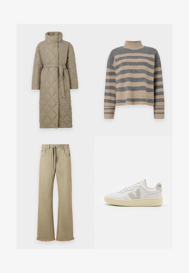 Dolga taupe puhovka s visokim ovratnikom in pasom iz iste tkanine, zavezanim na pasu, ki vsebuje šivane vzorce valov v celotni dolžini.; Prajčast pulover z šivi v sivi in bež barvi, visokim ovratnikom, širokimi manšetami in sproščenim krojem s skrajšano zasnovo.; Bež široke traperice s razfrčenim rubom, narejene iz jeansa, z pasom in štirimi žepi. Gladka tekstura z vidnimi šivi.; Bela usnjena tenisača z bež semiš poudarki, perforiranim prednjim delom, ravnimi vezalkami in strukturiranim kremnim podplatom. Ima diskretno blagovno znamko na peti.