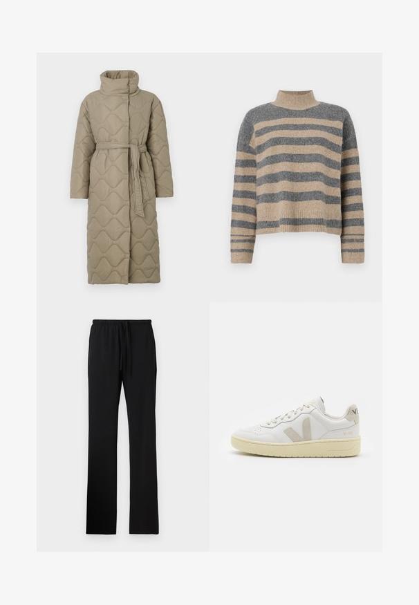 Manteau long en taupe matelassé avec col haut et ceinture en tissu assorti nouée à la taille, présentant des coutures en motif de vagues sur l'ensemble.; Pull en maille rayé aux couleurs grises et beiges, col haut, manches large à poignet, coupe décontractée avec un design court.; Pantalons de survêtement noirs avec une coupe décontractée, fabriqués en tissu doux, dotés d'une taille élastique avec un cordon de serrage et sans poches visibles.; Baskets blanches en cuir avec des accents en daim beige, boîte à orteils perforée, lacets plats et semelle texturée crème. Présente un logo discret au talon.