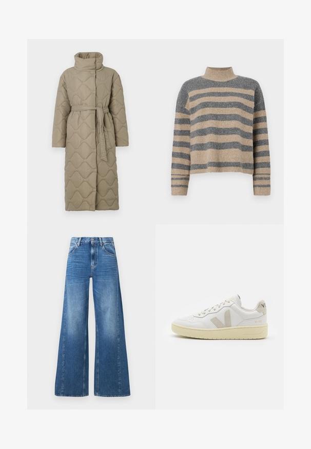 Garšs pelēkbrūns quiltēts mētelis ar augstu apkakli un atbilstošu auduma jostu, kas sasieta ap vidukli, ar viļņu raksta šuvēm visā virsmā.; Raitaināta džemperis ar pelēkajām un bežām krāsām, augstu apkakli, platām aprocēm un brīvu piegriezumu ar īsu dizainu.; Platām kājām zili džinsu bikses ar augstu jostasvietu, kurām ir priekšējās kabatas un izbalējis izskats, izgatavotas no kokvilnas ar gludu tekstūru.; Baltas ādas sporta apavu pāris ar bēšiem zamša akcentiem, caurumiņu purngalā, plakanu šņorēšanu un teksturētu krēmkrāsas zoli. Iezīmējas ar diskrētu zīmolu uz papēža.