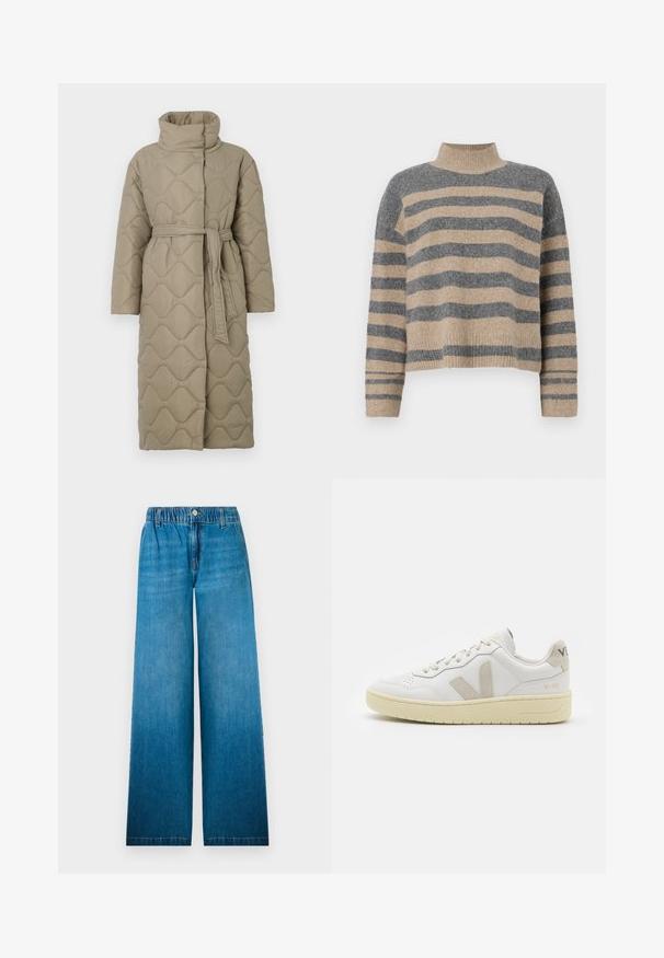 Lang taupe quiltet frakk med høy krage og belte i matchende stoff knyttet rundt livet, med bølgemønster-innsying gjennom hele frakken.; Stripet strikkegenser som har grå og beige farger, høy hals, brede mansjetter og en avslappet passform med kort design.; Bredde ben jeans laget av lyseblå denim, med elastisk midje, knappelukking og rett snittdesign med en falmet effekt.; Hvite lær sneakers med beige semsket detaljer, perforert tåboks, flate lisser og en teksturert kremfarget såle. Har subtil branding på hælen.