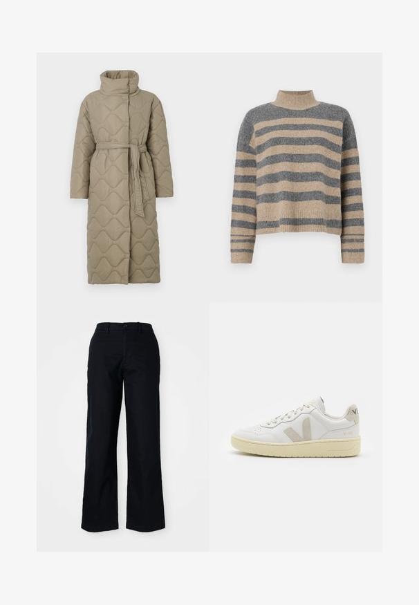 Manteau lung de culoare taupe, matlasat, cu guler înalt și curea din același material legată în talie, având o broderie în formă de valuri pe întreaga suprafață.; Pulover tricotat cu dungi, în culori gri și bej, guler înalt, mâneci late cu manșete și o croială lejeră cu un design scurt.; Pantaloni negri cu picioare largi, confecționați din bumbac. Prezintă închidere frontală cu nasture, bucle pentru curea și o textură fină. Fără modele sau accente vizibile.; Pantofii sport din piele albă cu accente din suede bej, cutie pentru degete perforată, șireturi plate și o talpă texturată de crem. Prezintă branding subtil pe călcâi.