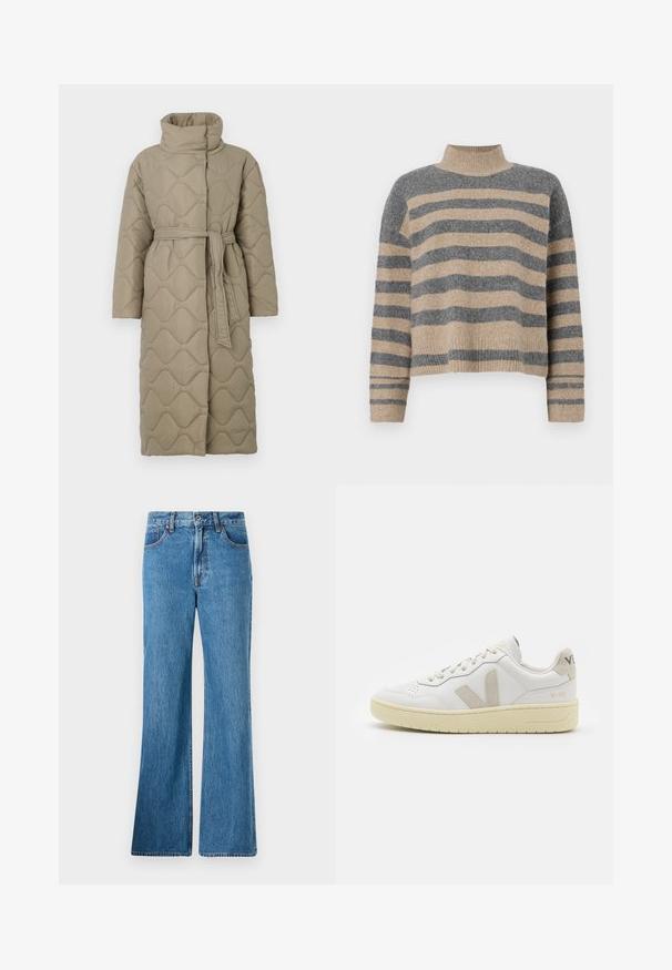 Garšs pelēkbrūns quiltēts mētelis ar augstu apkakli un atbilstošu auduma jostu, kas sasieta ap vidukli, ar viļņu raksta šuvēm visā virsmā.; Raitaināta džemperis ar pelēkajām un bežām krāsām, augstu apkakli, platām aprocēm un brīvu piegriezumu ar īsu dizainu.; Gaiši zili džinsu flared bikses ar augstu jostas vietu, priekšējām kabatām un klasisku šuvumu. Audumam ir struktūrēta virsma.; Baltas ādas sporta apavu pāris ar bēšiem zamša akcentiem, caurumiņu purngalā, plakanu šņorēšanu un teksturētu krēmkrāsas zoli. Iezīmējas ar diskrētu zīmolu uz papēža.