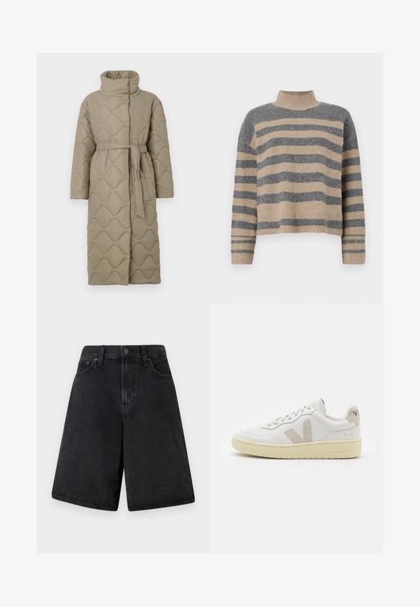 Pitkä taupe-värinen tikattu takki, jossa on korkea kaulus ja samaa kangasta oleva vyö solmittuna vyötärölle. Takissa on aallokkomuotoista tikkausta koko matkalta.; Raidallisen neulepaidan harmaan ja beigen sävyiset värit, korkea kaulus, leveät hihansuut ja rento istuvuus lyhyellä leikkauksella.; Mustat farkkushortsit rennolla leikkauksella, joissa on korkea vyötärö, viisi taskua ja napitus edessä.; Valkoiset nahkakengät, joissa on vaaleanruskeat pigmenttisuojat, rei'itetty kärki, litteät nauhat ja teksturoitu kermaisa pohja. Takana on huomaamaton brändäys.