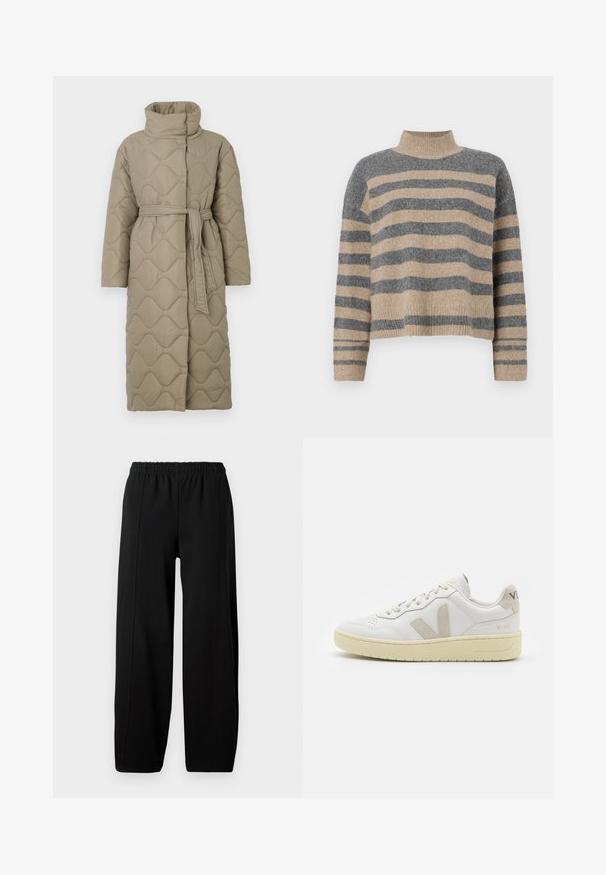 Langer taubefarbener gesteppter Mantel mit hohem Kragen und passendem Stoffgürtel, der in der Taille gebunden ist, mit Wellenmuster-Steppung. ; Gestreifter Strickpullover in Grau- und Beigetönen, mit hohem Kragen, breiten Bündchen an den Ärmeln und einer lockeren Passform im verkürzten Design.; Schwarze weite Hosen mit elastischem Bund und sichtbaren vertikalen Nähten an jedem Bein vor einem weißen Hintergrund.; Weiße Ledersneaker mit beigen Wildlederakzenten, perforierte Zehenbox, flache Schnürsenkel und eine strukturierte cremefarbene Sohle. Mit dezentem Branding an der Ferse.