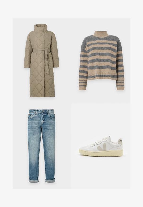 Garšs pelēkbrūns quiltēts mētelis ar augstu apkakli un atbilstošu auduma jostu, kas sasieta ap vidukli, ar viļņu raksta šuvēm visā virsmā.; Raitaināta džemperis ar pelēkajām un bežām krāsām, augstu apkakli, platām aprocēm un brīvu piegriezumu ar īsu dizainu.; Gai zili džinsi ar taisnu piegriezumu, kuram ir klasiskā piecu kabatu konstrukcija, uzrullētas garuma malas un viegls izbalējums uz kājām.; Baltas ādas sporta apavu pāris ar bēšiem zamša akcentiem, caurumiņu purngalā, plakanu šņorēšanu un teksturētu krēmkrāsas zoli. Iezīmējas ar diskrētu zīmolu uz papēža.