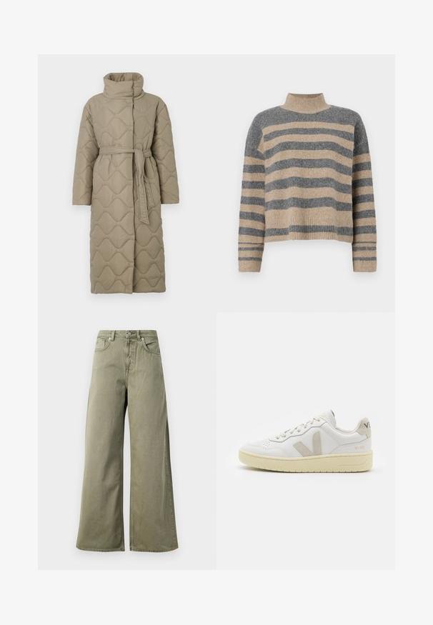 Dolga taupe puhovka s visokim ovratnikom in pasom iz iste tkanine, zavezanim na pasu, ki vsebuje šivane vzorce valov v celotni dolžini.; Prajčast pulover z šivi v sivi in bež barvi, visokim ovratnikom, širokimi manšetami in sproščenim krojem s skrajšano zasnovo.; Visoko pasne, olivno zelene široke hlače iz denima s sprednjim gumbom, zadrgo in obliko petih žepov na belem ozadju.; Bela usnjena tenisača z bež semiš poudarki, perforiranim prednjim delom, ravnimi vezalkami in strukturiranim kremnim podplatom. Ima diskretno blagovno znamko na peti.