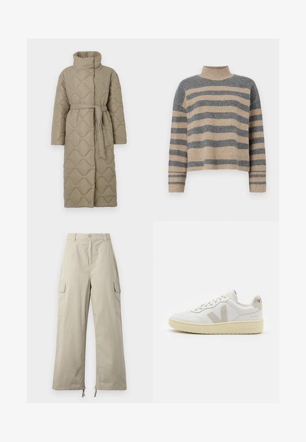 Garšs pelēkbrūns quiltēts mētelis ar augstu apkakli un atbilstošu auduma jostu, kas sasieta ap vidukli, ar viļņu raksta šuvēm visā virsmā.; Raitaināta džemperis ar pelēkajām un bežām krāsām, augstu apkakli, platām aprocēm un brīvu piegriezumu ar īsu dizainu.; Gai beige kravas bikses ar brīvu piegriezumu, ar pogu aizdari, sānu kabatām un regulējamu apakšdaļu ar saišu palīdzību. Gluda auduma tekstūra.; Baltas ādas sporta apavu pāris ar bēšiem zamša akcentiem, caurumiņu purngalā, plakanu šņorēšanu un teksturētu krēmkrāsas zoli. Iezīmējas ar diskrētu zīmolu uz papēža.