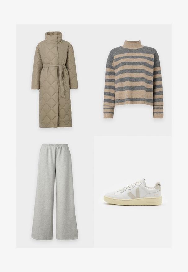Lang taupe quiltet frakk med høy krage og belte i matchende stoff knyttet rundt livet, med bølgemønster-innsying gjennom hele frakken.; Stripet strikkegenser som har grå og beige farger, høy hals, brede mansjetter og en avslappet passform med kort design.; Lys grå vide bukser med elastisk talje, lavet af blød, strækbar stof, der har sideslids for ekstra luftcirkulation og komfort.; Hvite lær sneakers med beige semsket detaljer, perforert tåboks, flate lisser og en teksturert kremfarget såle. Har subtil branding på hælen.