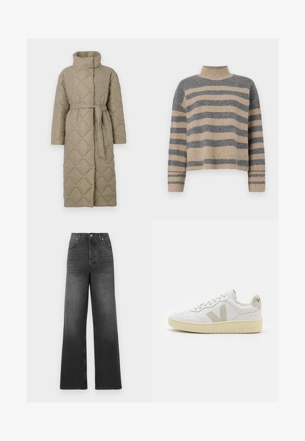 Cappotto lungo color taupe trapuntato con alto colletto e cintura in tessuto abbinato legata in vita, caratterizzato da cuciture a motivo ondulato in tutto il capo.; Maglione a righe realizzato in maglia, nei colori grigio e beige, con collo alto, maniche larghe con polsini e una vestibilità rilassata con un design corto.; Jeans a vita alta e gamba ampia realizzati in denim grigio scuro. Presentano un design classico a cinque tasche e dettagli con orlo cucito.; Sneaker in pelle bianca con dettagli in suede beige, punta perforata, lacci piatti e suola testurizzata color crema. Presenta un logo discreto sul tallone.