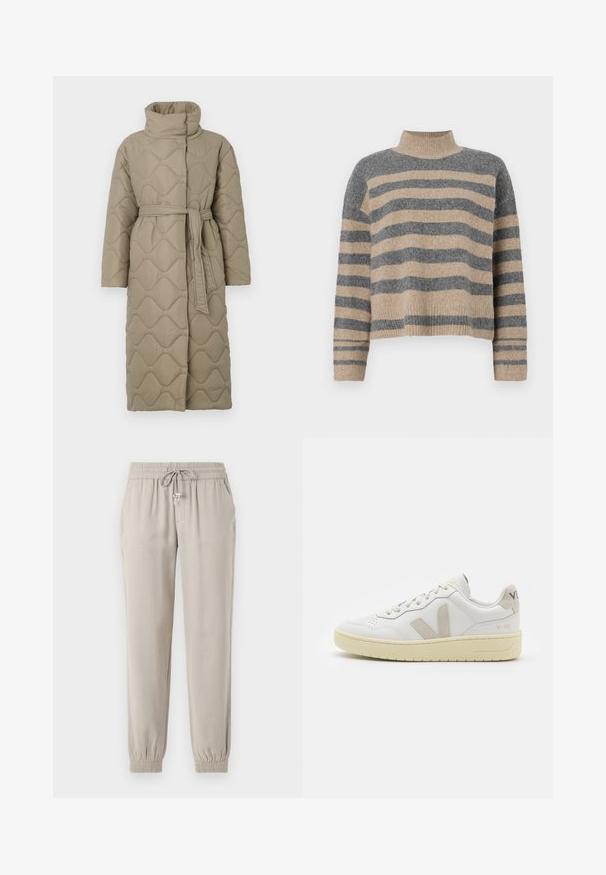 Langer taubefarbener gesteppter Mantel mit hohem Kragen und passendem Stoffgürtel, der in der Taille gebunden ist, mit Wellenmuster-Steppung. ; Gestreifter Strickpullover in Grau- und Beigetönen, mit hohem Kragen, breiten Bündchen an den Ärmeln und einer lockeren Passform im verkürzten Design.; Helle beige Jogginghosen aus weichem Stoff, mit einem elastischen Taillenbund und Kordelzug, seitlichen Taschen und elastischen Bündchen.; Weiße Ledersneaker mit beigen Wildlederakzenten, perforierte Zehenbox, flache Schnürsenkel und eine strukturierte cremefarbene Sohle. Mit dezentem Branding an der Ferse.