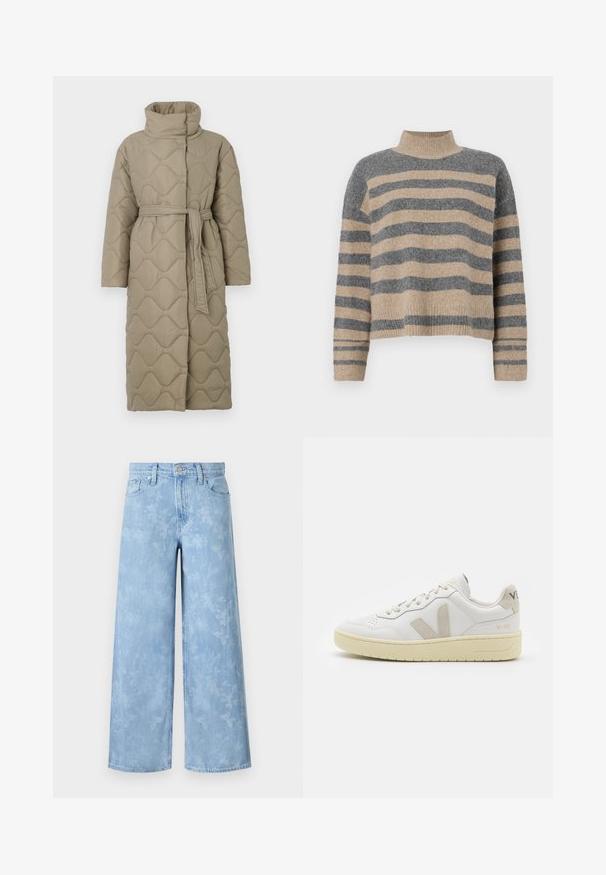 Langer taubefarbener gesteppter Mantel mit hohem Kragen und passendem Stoffgürtel, der in der Taille gebunden ist, mit Wellenmuster-Steppung. ; Gestreifter Strickpullover in Grau- und Beigetönen, mit hohem Kragen, breiten Bündchen an den Ärmeln und einer lockeren Passform im verkürzten Design.; Helleblaue weite Jeans mit einem verblassten floralen Muster, fünf Taschen und einem Knopfverschluss an der Taille. Denimstoff mit leichtem Textur.; Weiße Ledersneaker mit beigen Wildlederakzenten, perforierte Zehenbox, flache Schnürsenkel und eine strukturierte cremefarbene Sohle. Mit dezentem Branding an der Ferse.