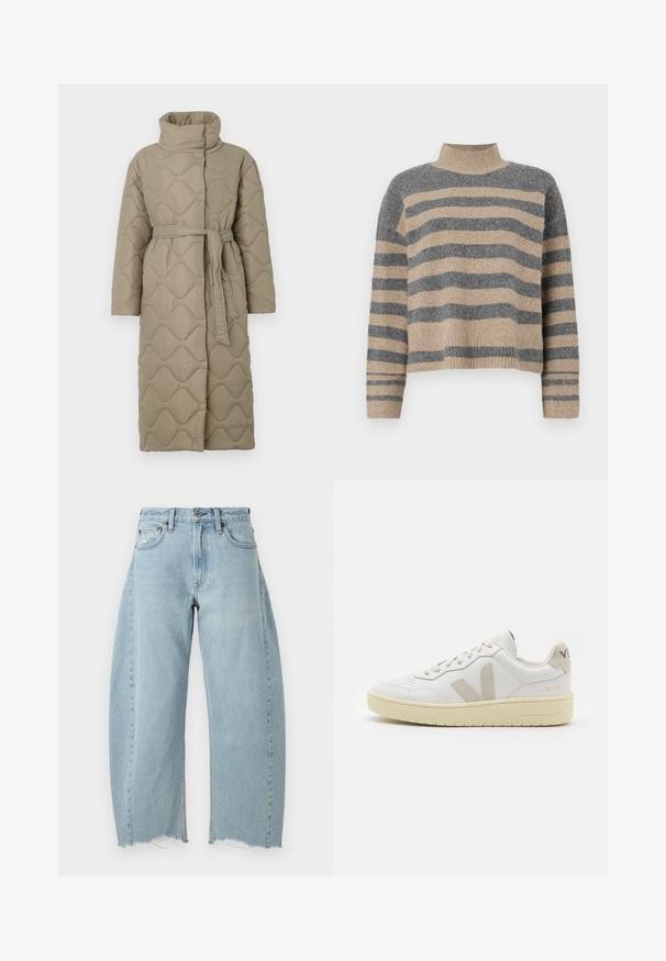 Pikk taupe värvi tikitud mantel kõrge kraega ja sobiva materjalist vööga, mis on seotud vöökohal, ning kogu ulatuses on lainelise mustriga tikand.; Triibuline kudumipusa, millel on hallid ja beezid toonid, kõrge kaelus, laiad mansetid ja vabalt langev lõige koos lühendatud disainiga.; Heledad sinine denimsinine pükse laiade sääretõmmetega, lõhestatud servaga ja traditsioonilise viie koti disainiga. Klassikaline nupuga ja tõmblukuga sulgemine.; Valge nahast tenniseking, millel on beežist siidist aktsent ja aukudega varvas, lame paelad ja tekstureeritud koorevärvi tallad. Omab nüansirikast brändimist kannal.