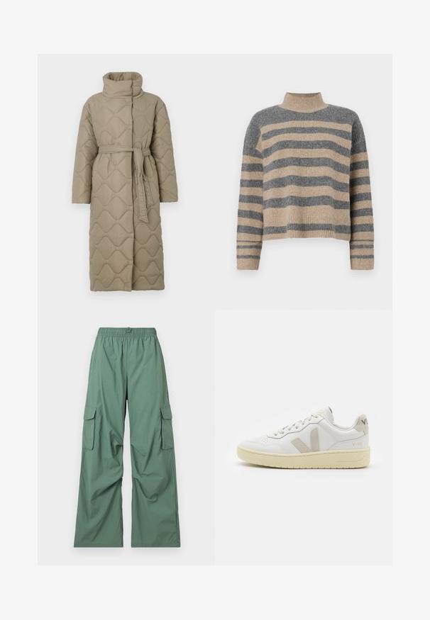 Langer taubefarbener gesteppter Mantel mit hohem Kragen und passendem Stoffgürtel, der in der Taille gebunden ist, mit Wellenmuster-Steppung. ; Gestreifter Strickpullover in Grau- und Beigetönen, mit hohem Kragen, breiten Bündchen an den Ärmeln und einer lockeren Passform im verkürzten Design.; Grüne Cargo-Hosen mit elastischem Bund, weit geschnittenen Beinen und seitlichen Taschen. Hergestellt aus leichtem Stoff, mit glatter Textur und entspannter Passform.; Weiße Ledersneaker mit beigen Wildlederakzenten, perforierte Zehenbox, flache Schnürsenkel und eine strukturierte cremefarbene Sohle. Mit dezentem Branding an der Ferse.